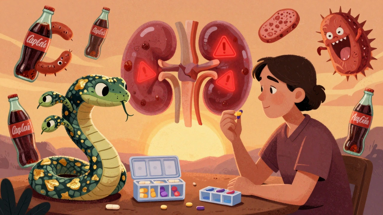 A patient taking supplements with a pill-organizer serpent, while a warning kidney hovers above processed food monsters.
