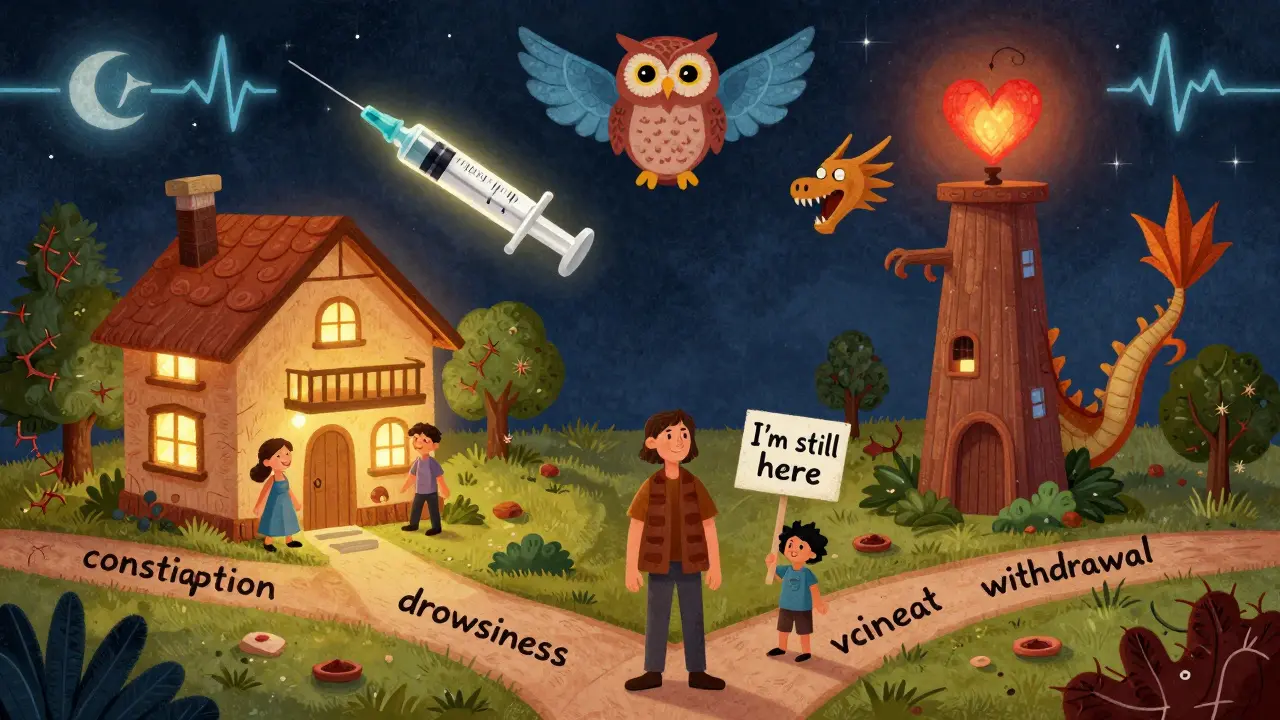 A person at a crossroads choosing between methadone and buprenorphine paths, with symbolic side effects and supportive animal spirits in Alebrije art style.