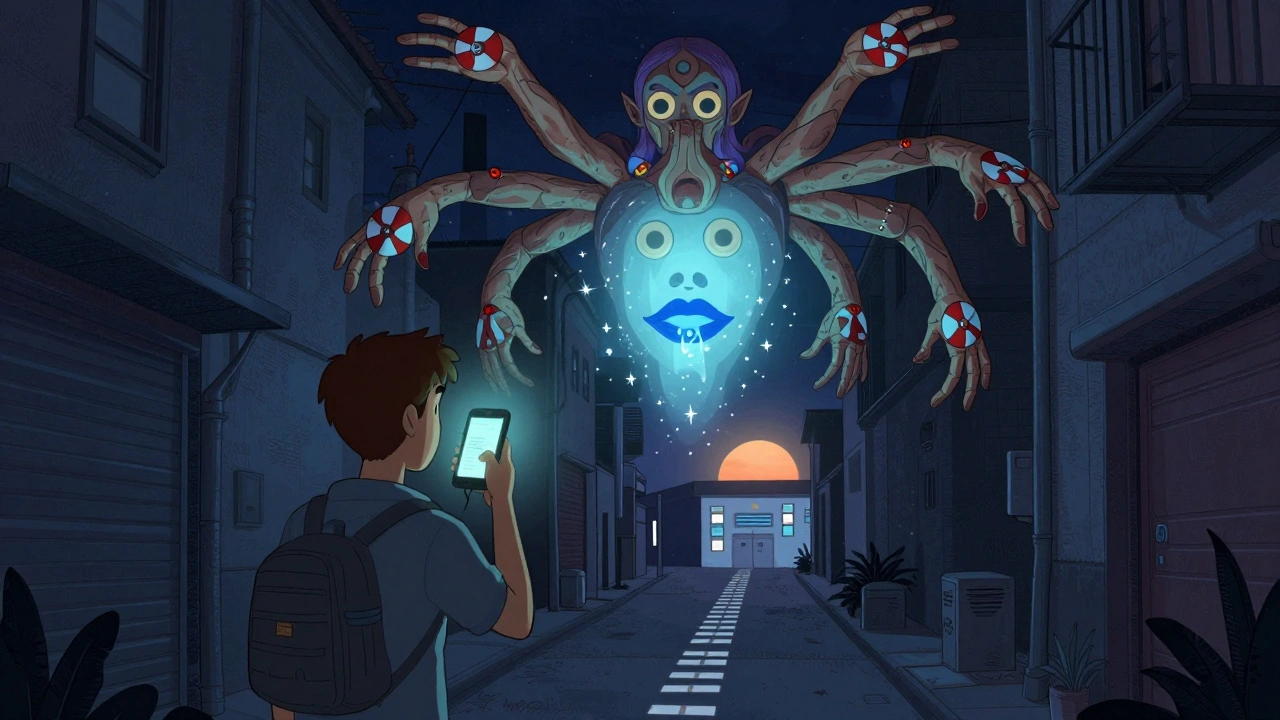 A person calls for help at night as a protective spirit guardian hovers above, turning overdose signs into stars.