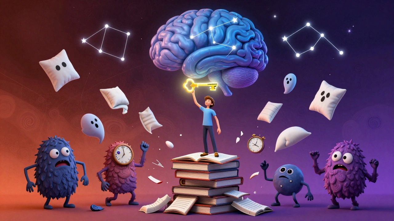 A person holding a key to better sleep, standing on diaries as nightmares dissolve into calming blue and purple patterns.