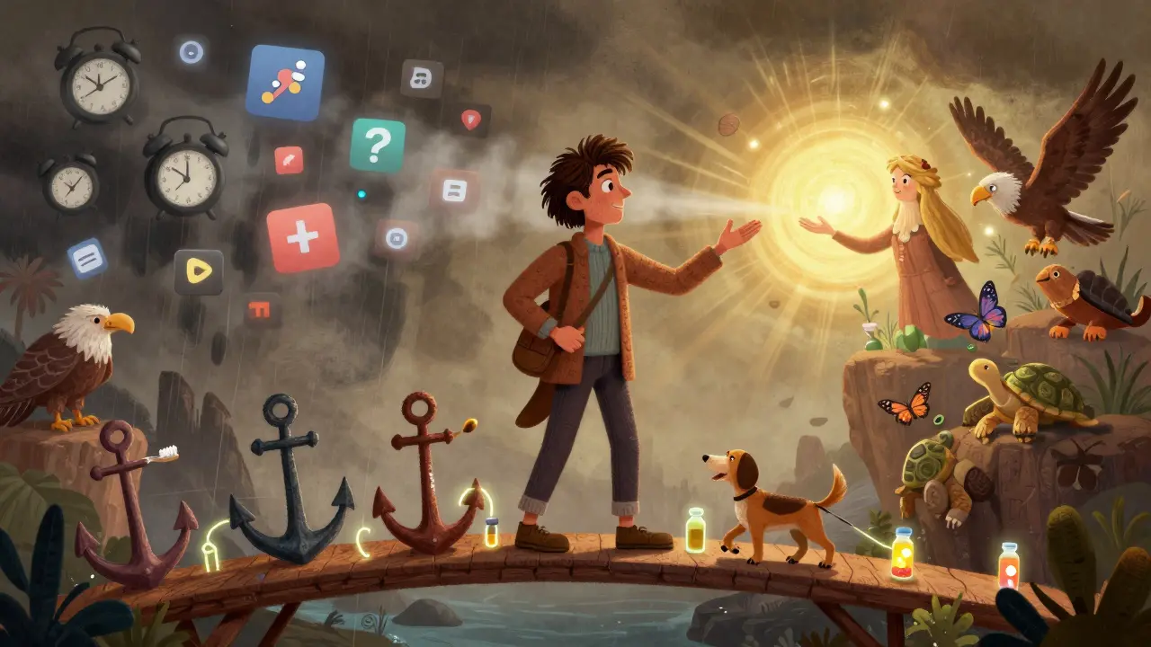 A person walks across daily anchor rituals as glowing steps, leaving behind forgotten apps, toward a hopeful future self.