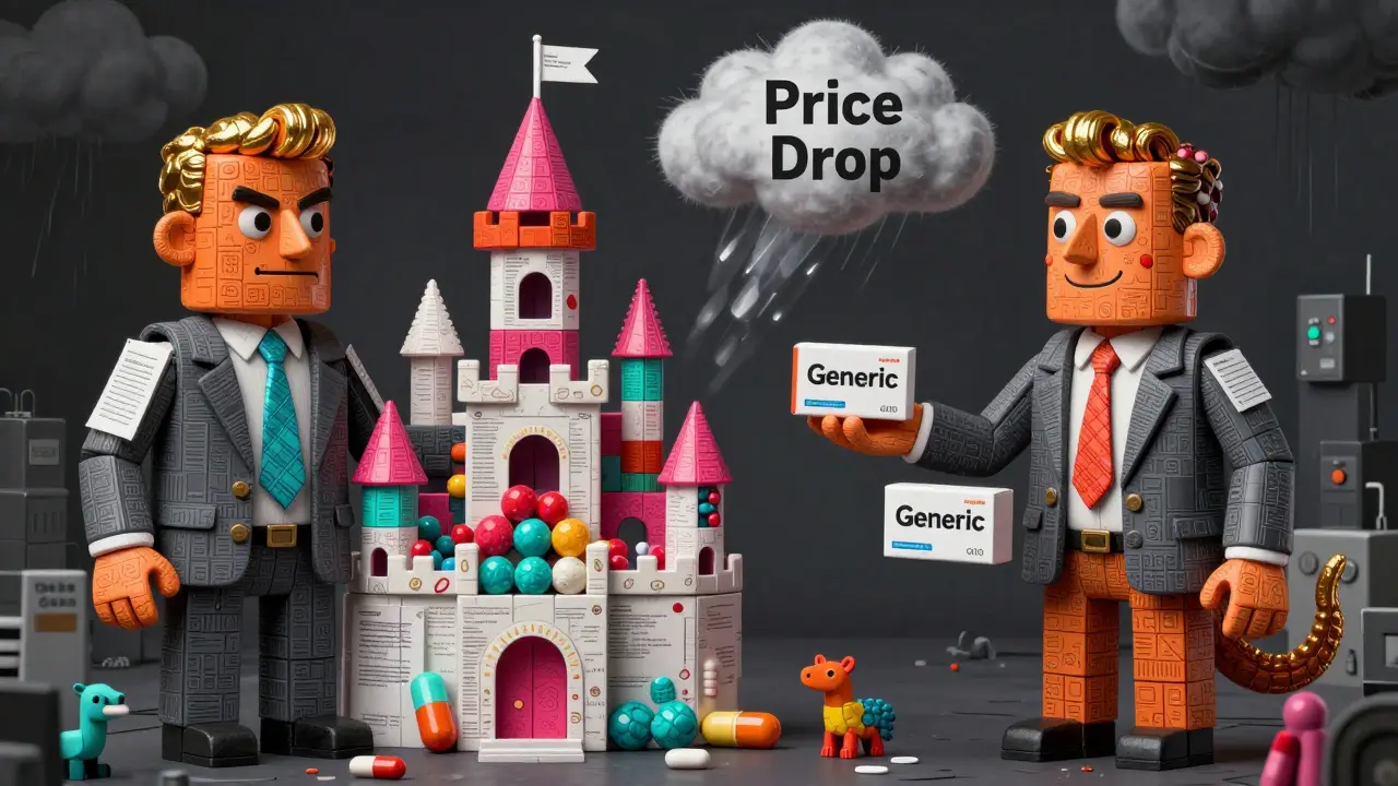 A pharmaceutical executive handing out identical pills from two structures made of alebrije creatures, one branded, one generic, with price drop clouds above.