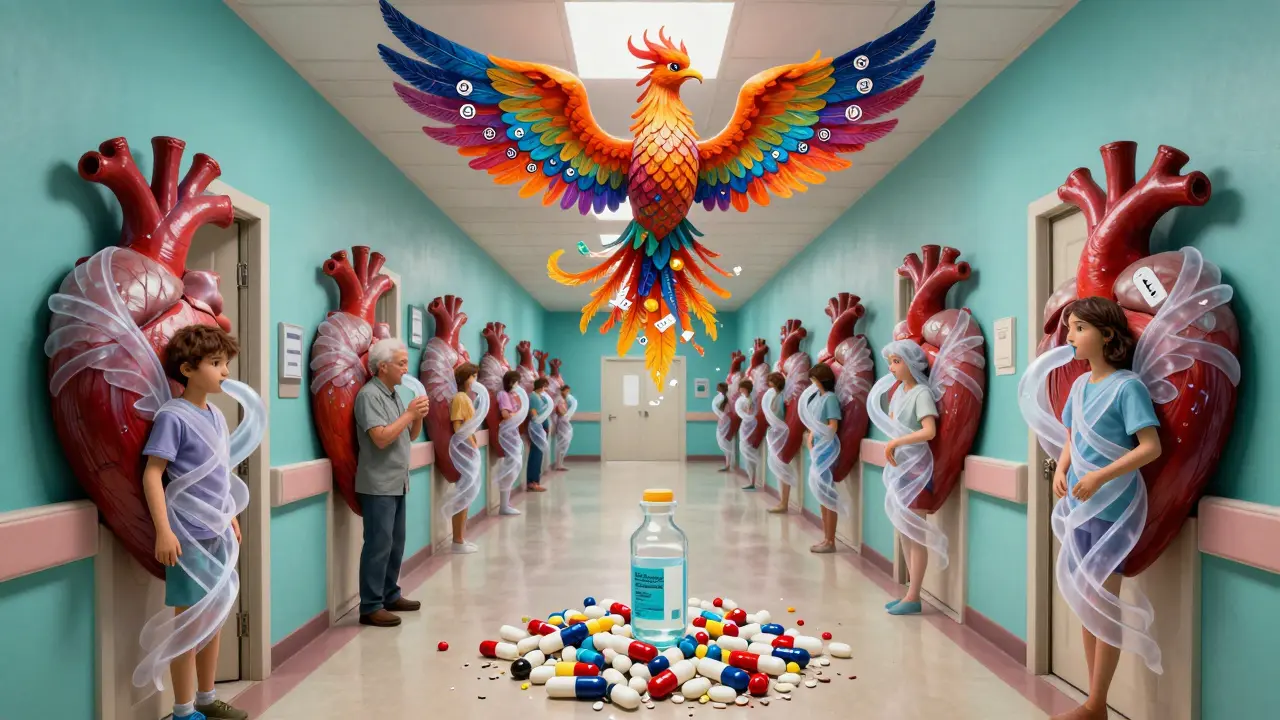 A phoenix made of test strips and 911 icons rises above a hospital corridor, reviving diverse figures with life-giving ribbons.