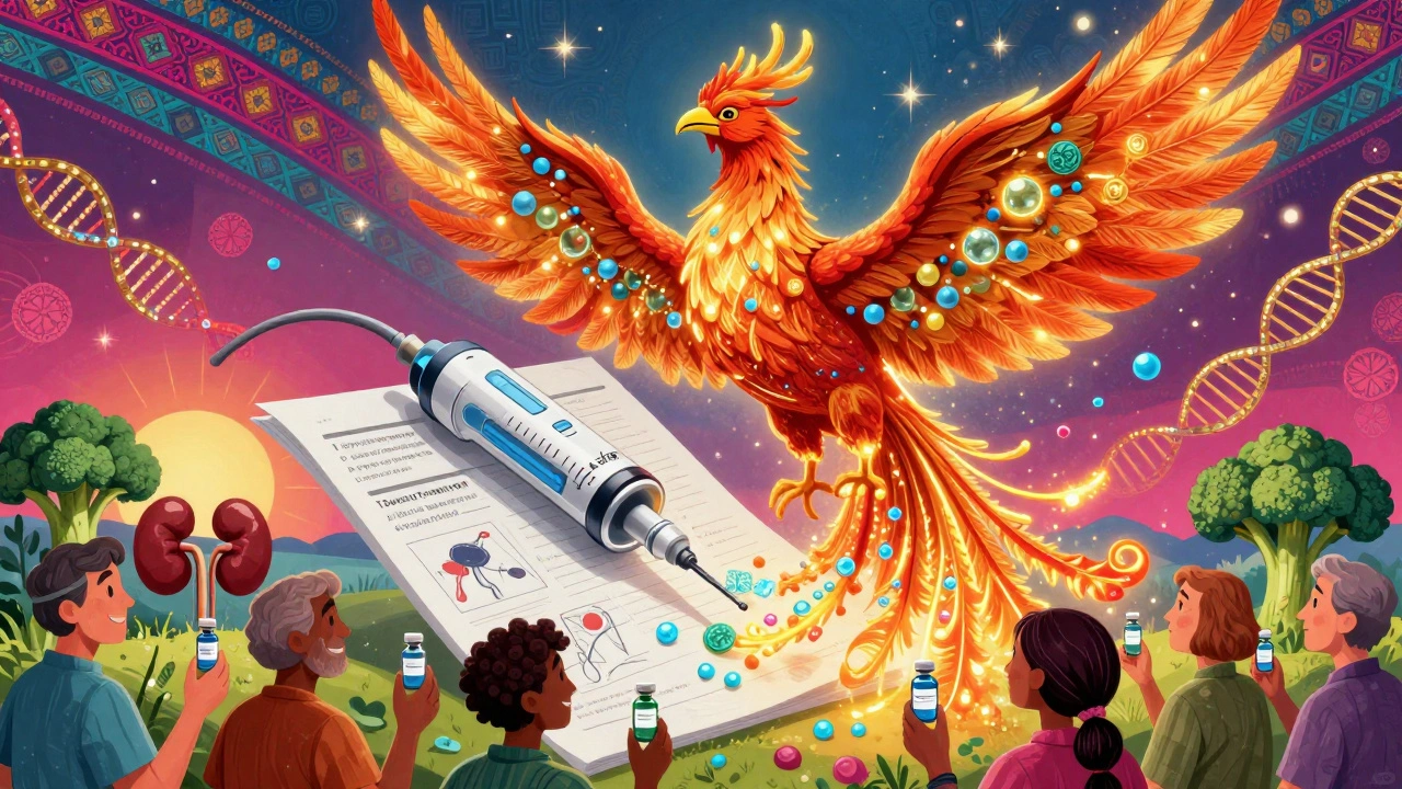 A phoenix-shaped PTH injection device rises above smiling patients, with healthy kidneys and broccoli in the background.