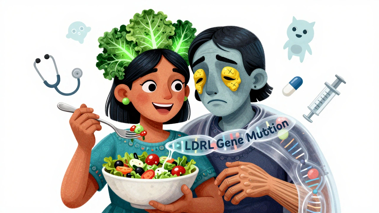 A split figure with genetic mutation cloak and xanthelasma bumps, surrounded by medical spirit animals in vibrant alebrije colors.