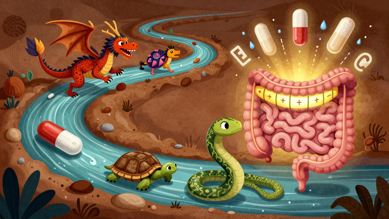 A surreal digestive tract with drug creatures separated by glowing time barriers in folk-art style.