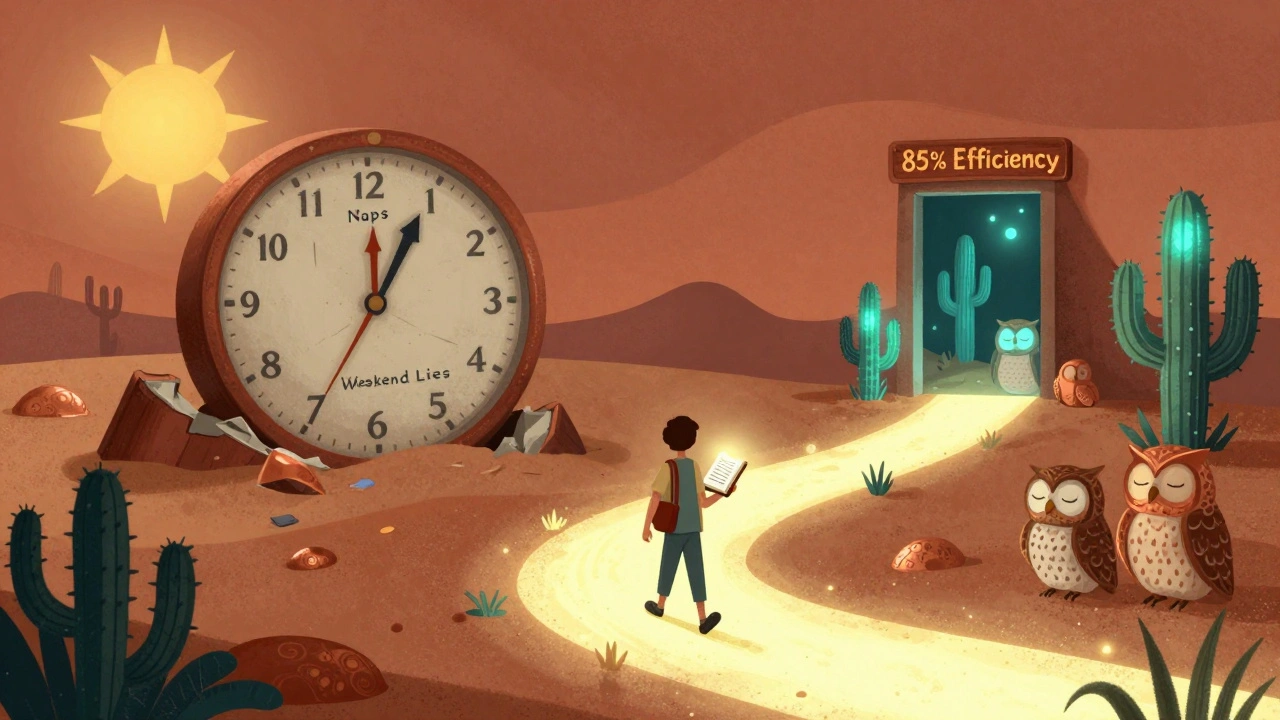 A traveler walking a strict sleep path under a fixed sun, leaving behind collapsing clocks of naps and weekends.