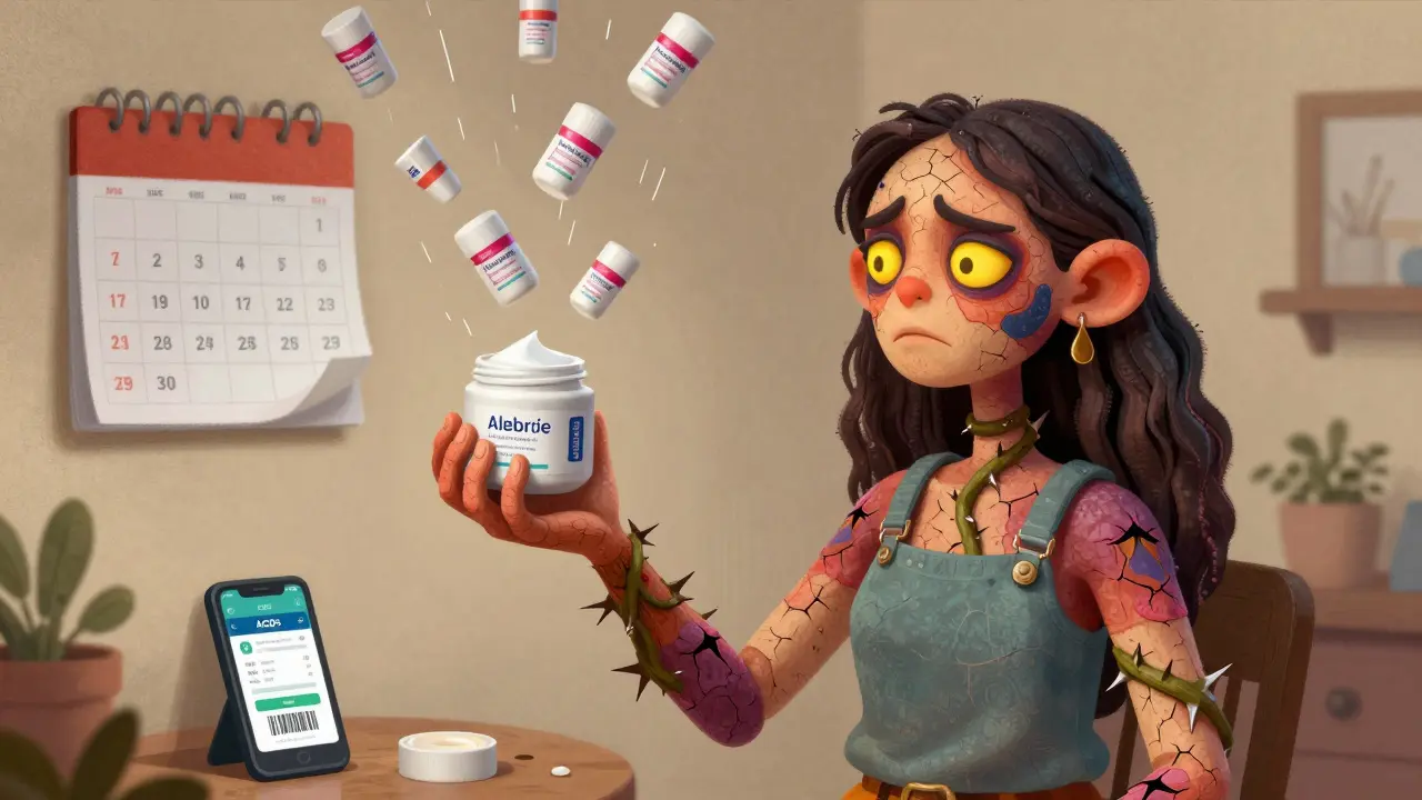 A woman surrounded by falling cream jars as a skin-themed alebrije spirit rises from her arm, symbolizing allergic reaction to long-used medication.