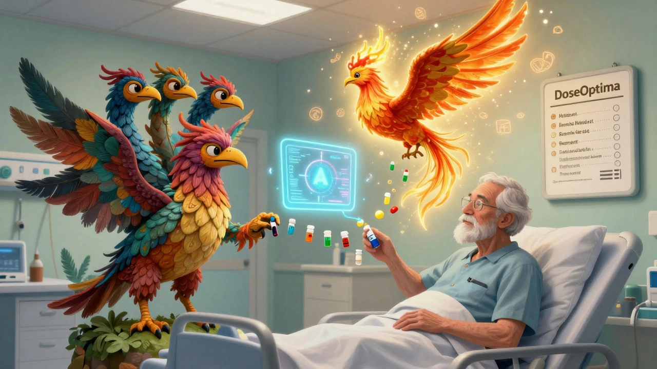 An elderly man’s medication list as a multi-headed alebrije beast, with a phoenix-like AI system correcting doses above him.