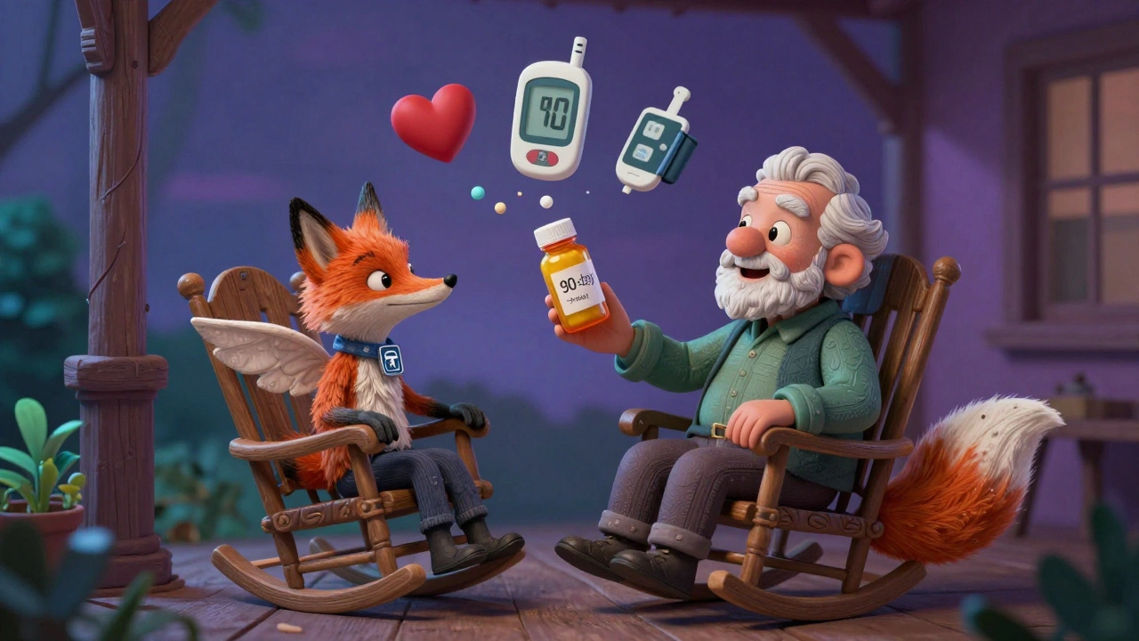 An elderly person receiving a floating 90-day pill bottle from a winged fox on their porch.