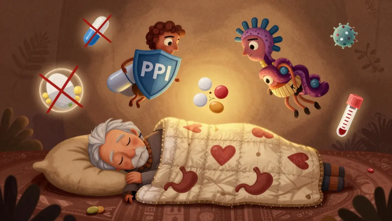 An elderly person sleeps peacefully as two protective alebrije guardians guard them from NSAIDs and H. pylori, bathed in warm golden light.