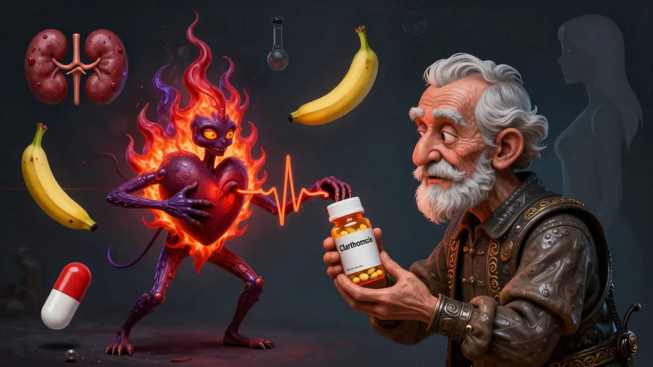 An elderly person with a drug-induced spirit pulling on their heart, surrounded by risk factor icons in vibrant Alebrije art.