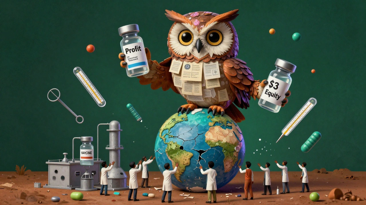 An owl holds expensive and cheap vaccines as people try to rebuild a broken factory with bare hands.