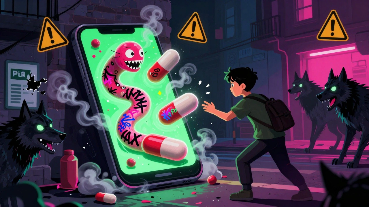 Counterfeit pills with fentanyl smoke slithering from a phone as shadowy wolves watch in a dark urban setting.