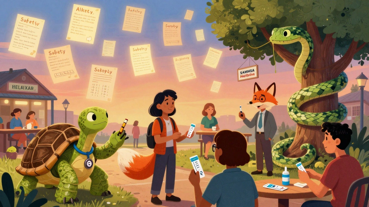 Diverse people exchange overdose prevention tools in a vibrant community center, animated by fantastical creature helpers.