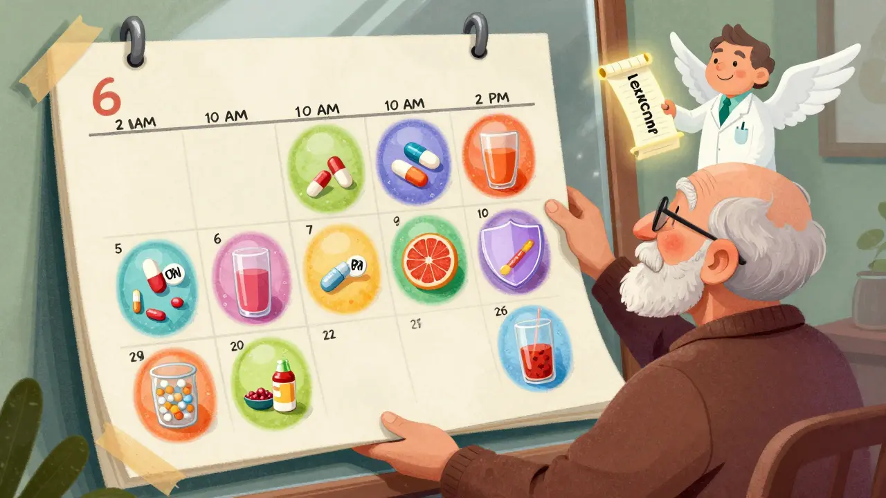 Elderly person with a giant illustrated medication calendar, pharmacist with wings guiding safe timing of pills through glowing portals.