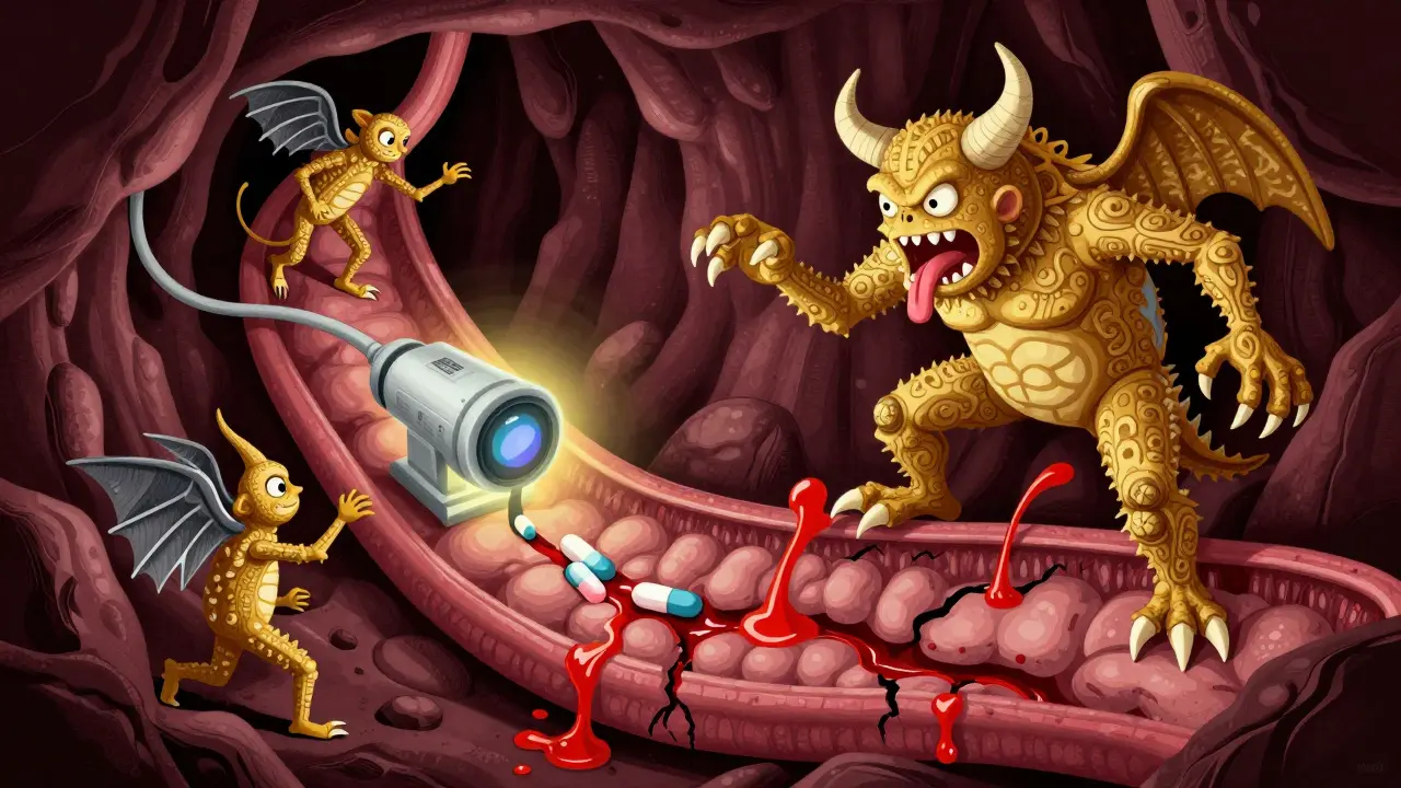 Inside a stomach canyon, alebrije spirits battle an ulcer monster as an endoscope glides through bleeding fissures, rendered in colorful Mexican folk art.