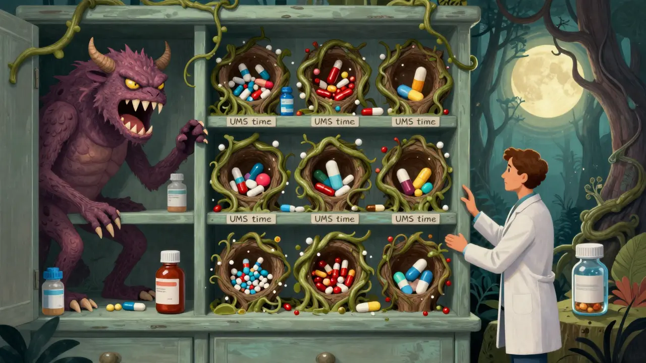 Medicine cabinet turned into a magical forest where dangerous drug interactions are mythical beasts, calmed by orderly pill-filled tree hollows.