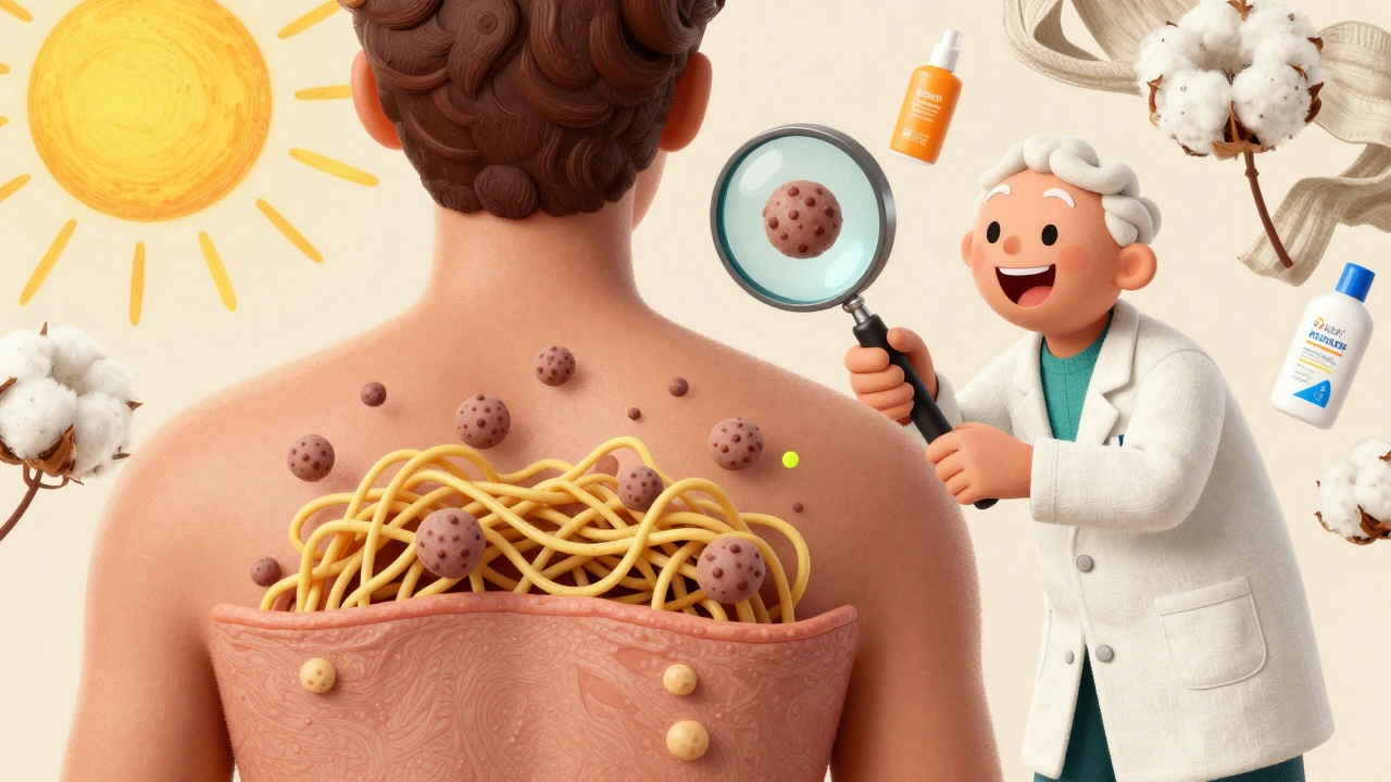 Microscopic yeast strands and cells as dancing creatures under a magnifying glass, with cotton clothing and sunscreen floating nearby.