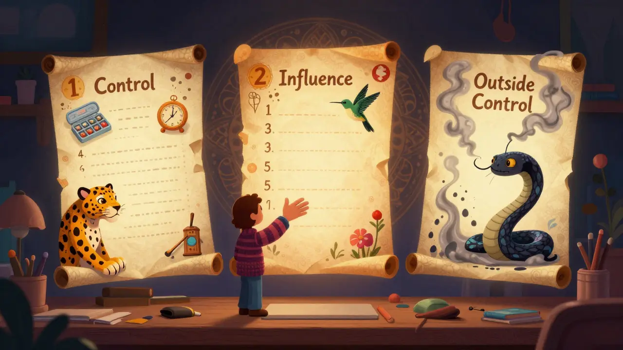 Three glowing lists float above a desk, each represented by colorful alebrije animals symbolizing control, influence, and chaos.