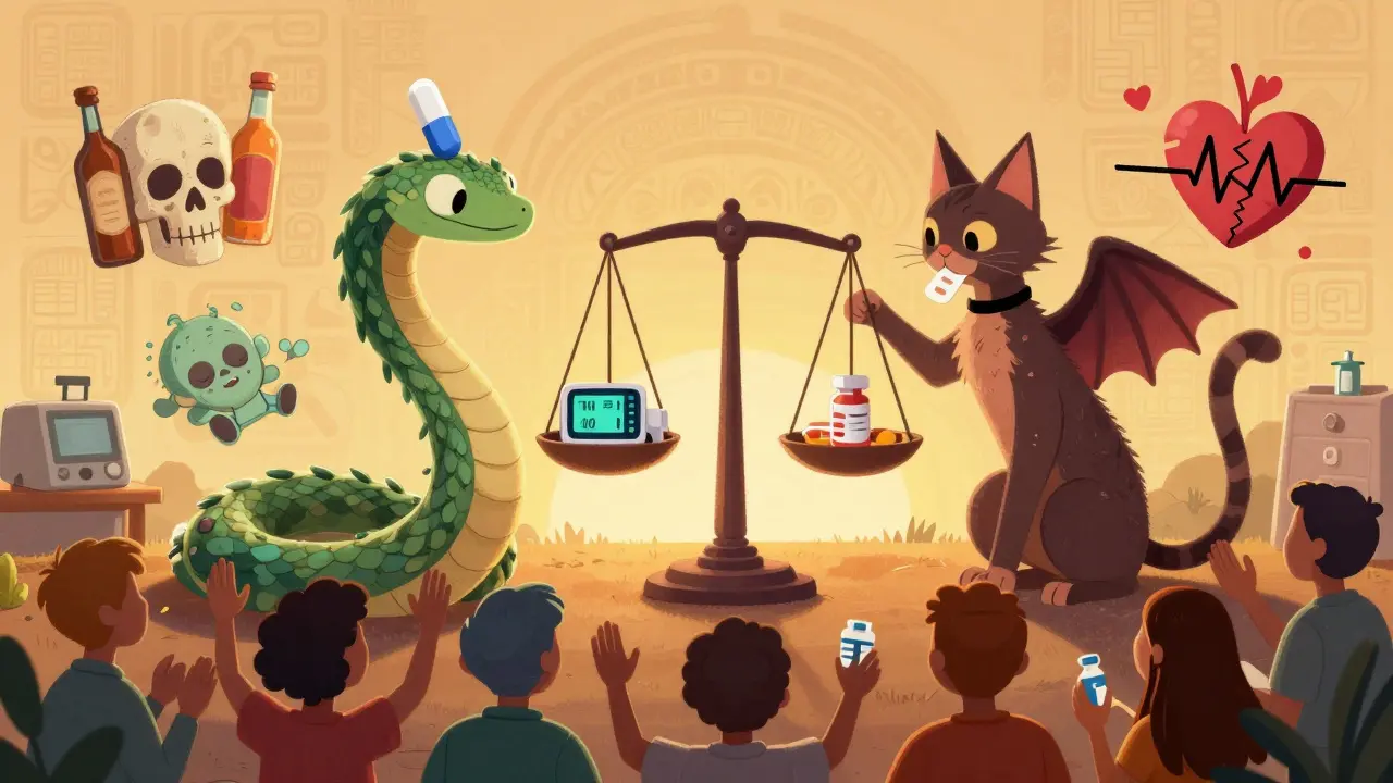 Two mythical clinic creatures being weighed on a scale, surrounded by warnings of drowsiness, constipation, and heart risks in vibrant folk-art style.