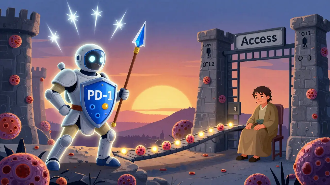 A CAR-T warrior fighting a tumor fortress while a patient faces barriers of cost and access under a rising sun.