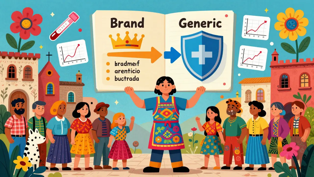 A community worker explains generics using a glowing infographic surrounded by medical symbols and folk art spirits.