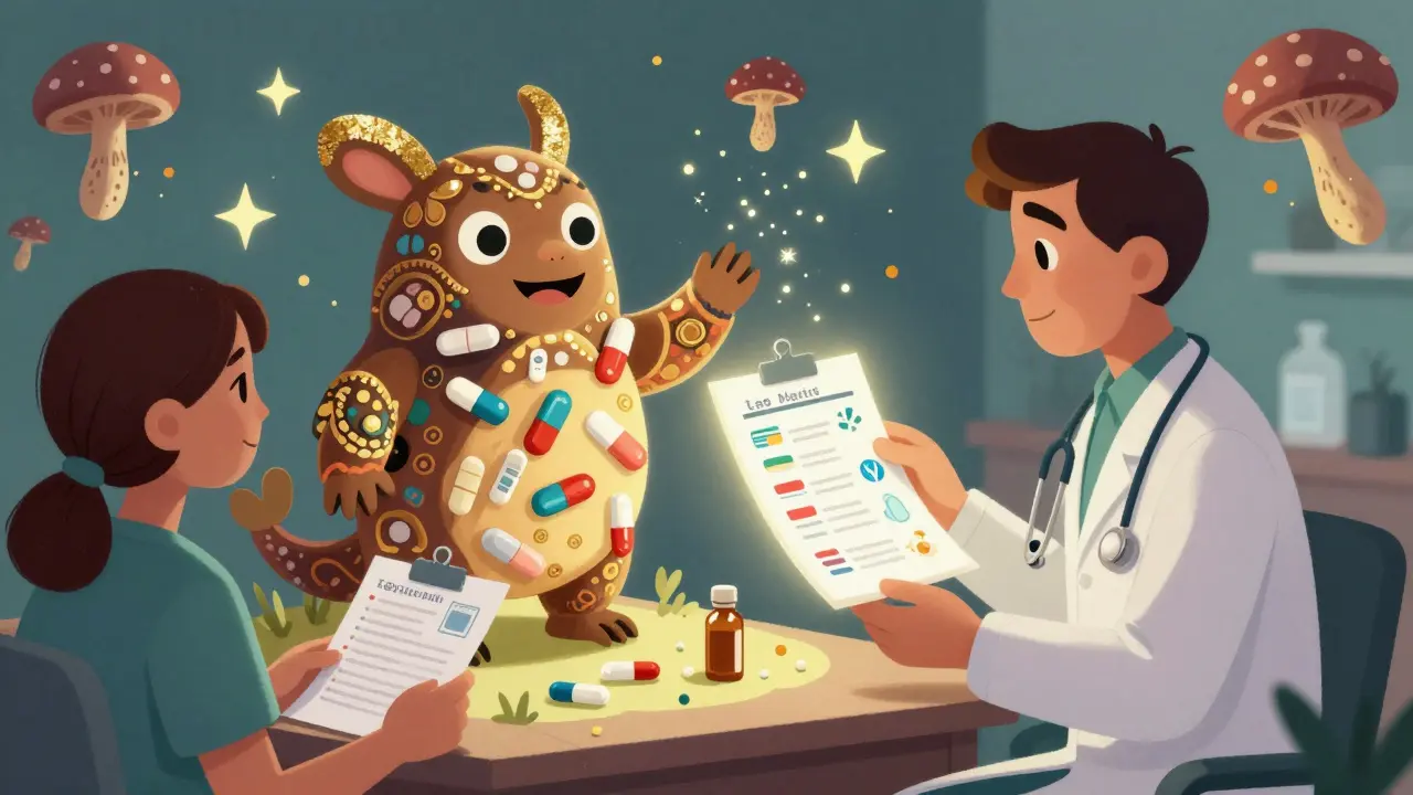 A doctor and patient with a safe-medication checklist, protected by a friendly alebrije creature made of statins and antifungals in folkloric style.