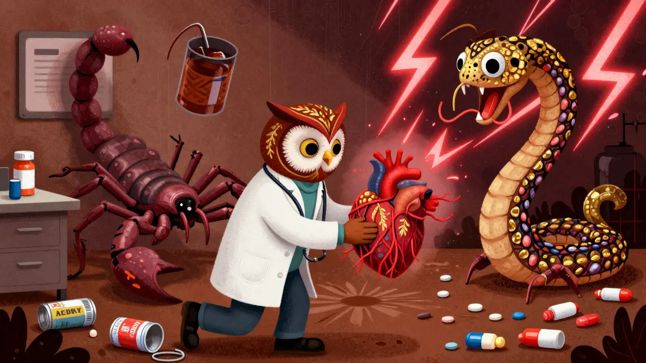A doctor holding a fragile heart-creature while two monstrous drink-and-pill hybrids clash in a storm of lightning, all in folk-art alebrije style.