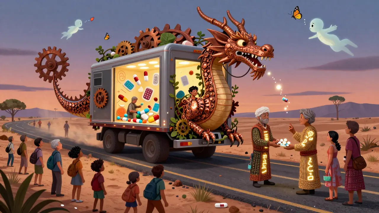 A dragon-shaped mobile drug collection unit rolling through the desert, with people handing in medications.