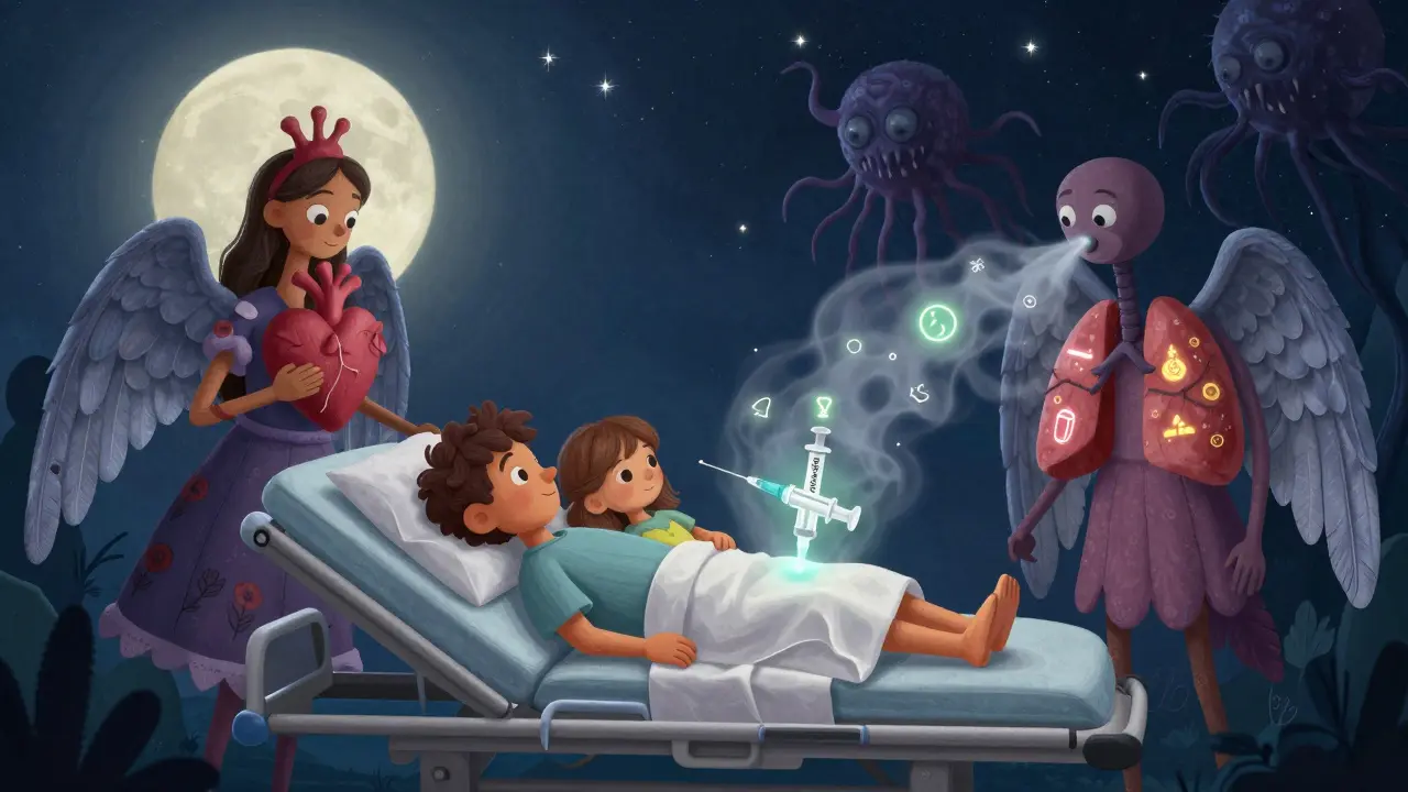 A family resting after treatment, protected by winged alebrije guardians while a used injector glows nearby.