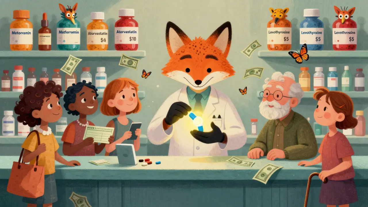 A fox pharmacist gives colorful generic pills to smiling patients at a whimsical pharmacy.
