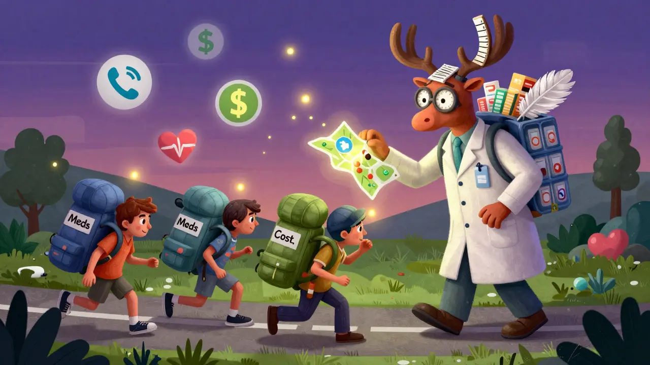 A giant alebrije pharmacist lightens patients' burdens with synchronized pill organizers and maps.