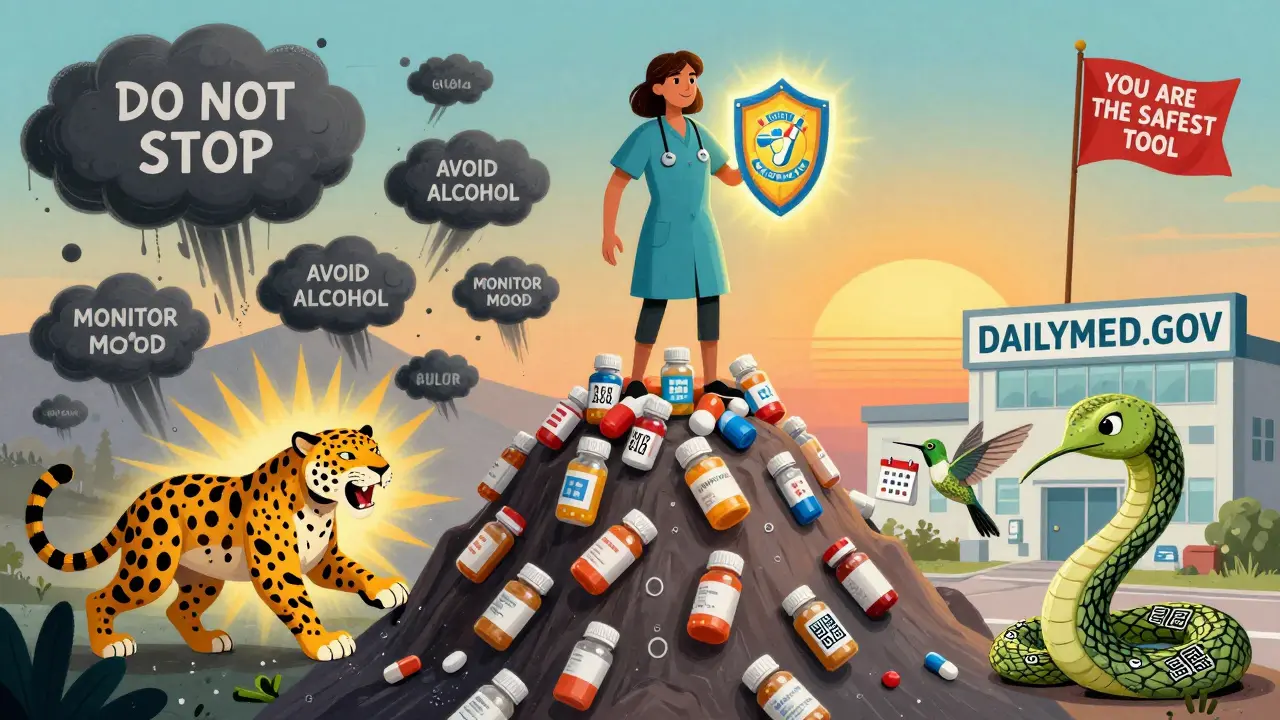 A heroic figure holding a glowing Medication Guide as protective spirit animals banish danger symbols.