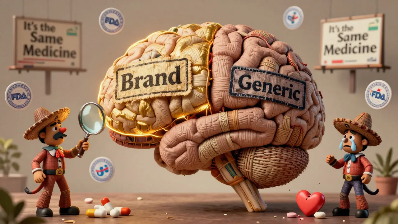 A human brain made of alebrije art, half glowing with brand trust, half dimmed by generic doubt, tiny figures arguing inside.