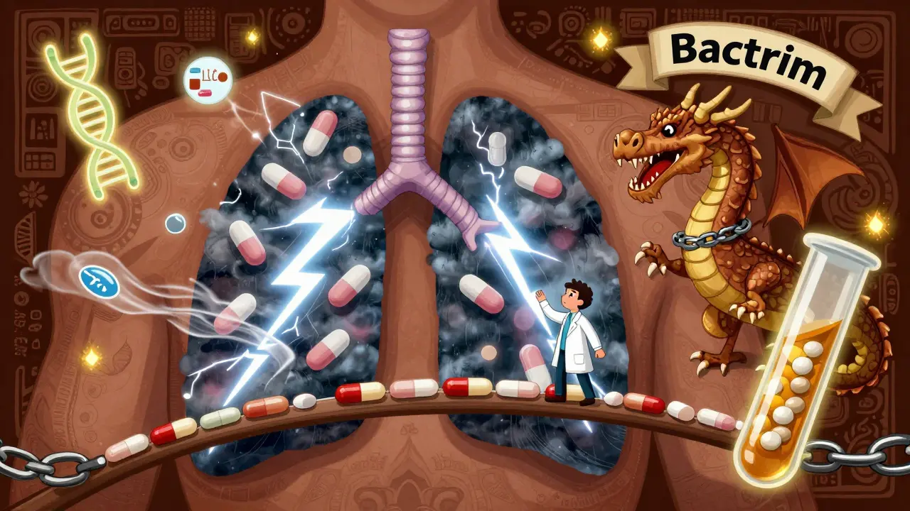A human chest with stormy lungs made of ibuprofen tablets, guided by a doctor on a pill bridge, with glowing gene symbols nearby.