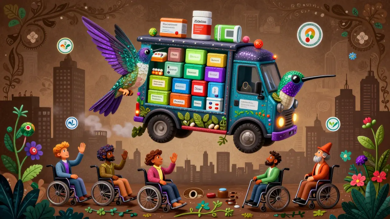 A hummingbird-tortoise delivery truck flies over a city, carrying medicine boxes, as diverse people wave below in Alebrije art style.