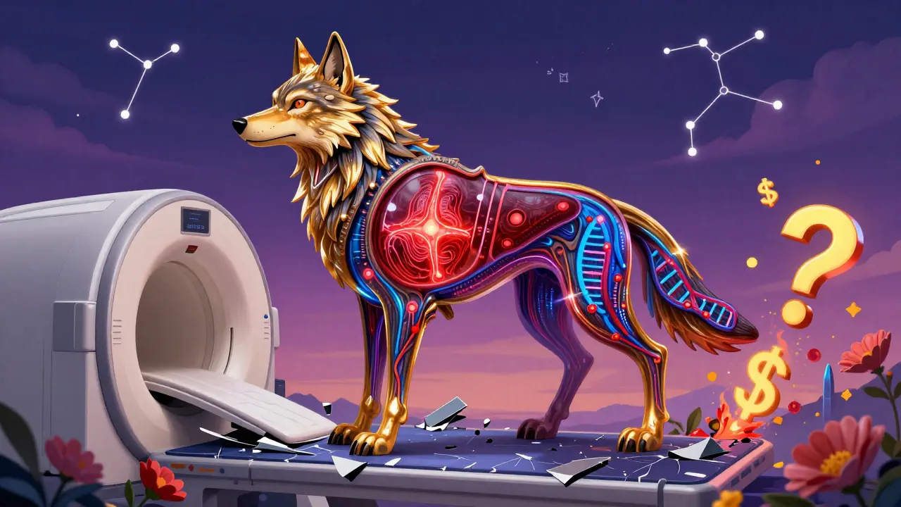 A hybrid wolf-liver creature with PET-MRI signals, standing on broken scanners, surrounded by AI streams and DNA in vivid alebrije colors.