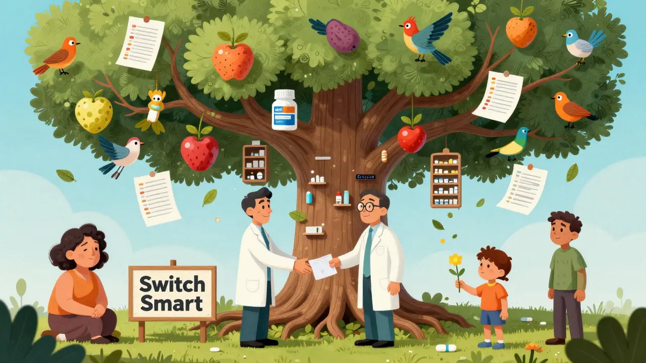 A magical medicinal tree with pill fruits, patients as birds, and healthcare providers shaking hands under a 'Switch Smart' sign.