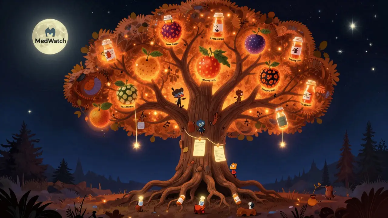 A magical tree with pill-shaped roots and symptom fruits, tiny creatures attaching reports, under a MedWatch moon in Alebrije art style.