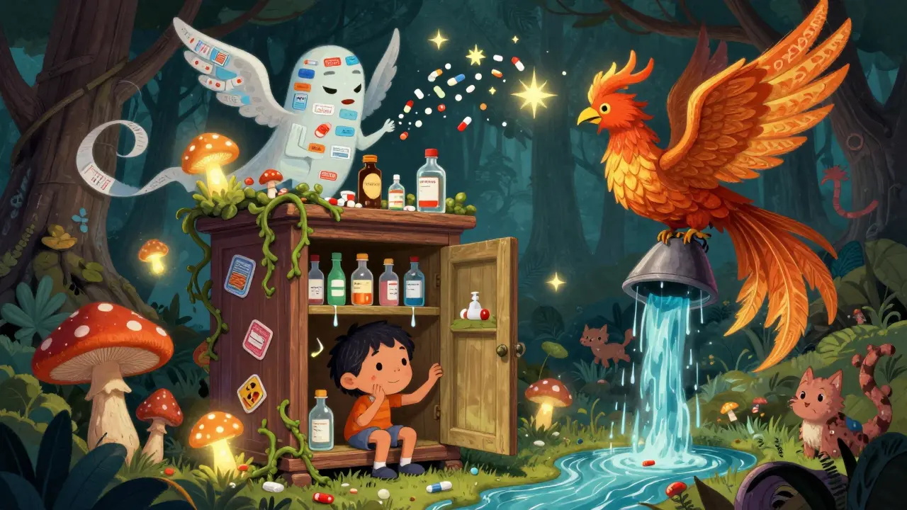 A medicine cabinet turned into a magical forest where pills become mushrooms and drugs turn to stars.