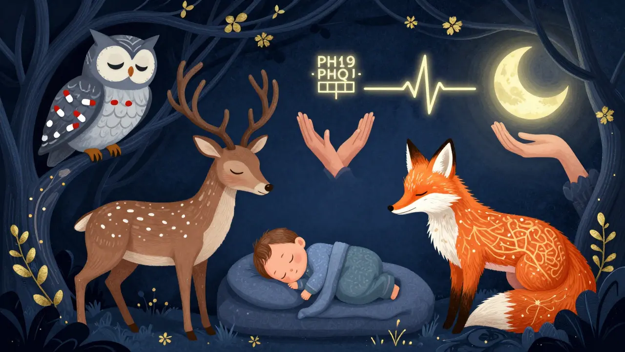 A mother and baby sleeping under spirit animals shaped like medical symbols, illustrating bonding and safe SSRI use postpartum.