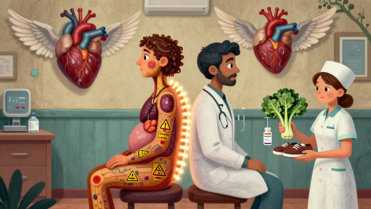 A patient and doctor connected by blood test results, one side healthy, the other showing metabolic warning signs in Alebrije art style.