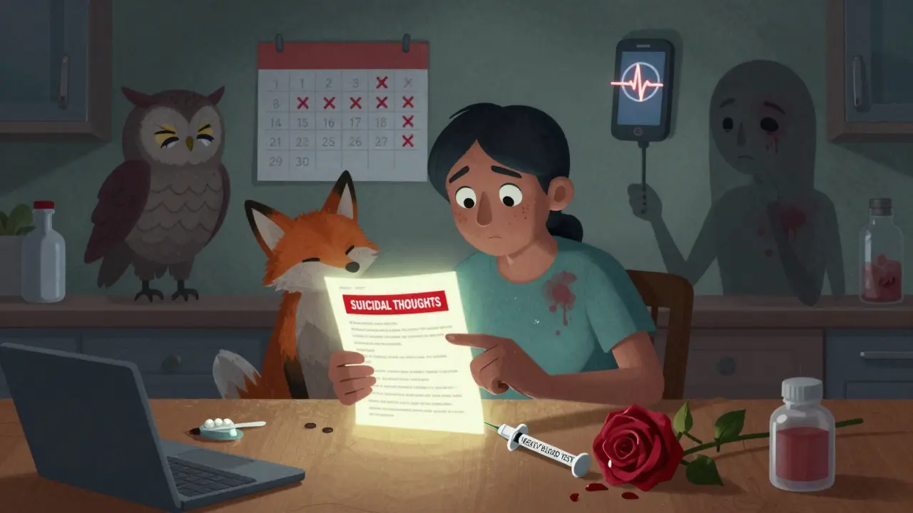 A patient at a kitchen table with a living Medication Guide pointing to blood test and suicide risk warnings.