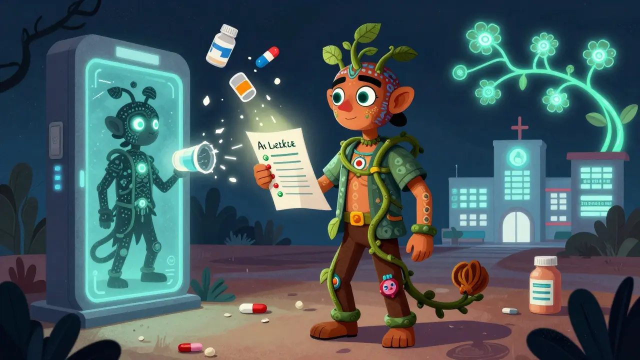 A patient holds a medicine vine as an AI spirit guardian protects them from hidden errors.
