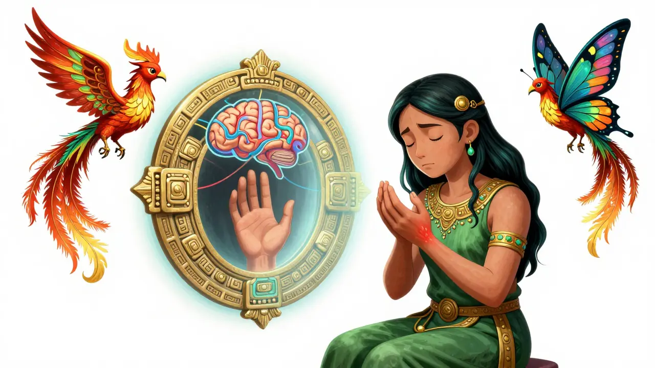 A patient imagining hand movement with mirrored phoenix and left-right butterfly symbols in Alebrije art style.