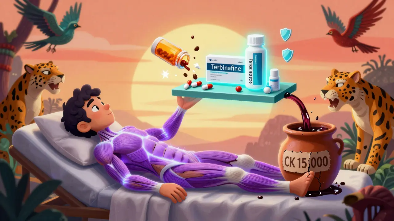 A patient with unraveling muscles and dark urine, surrounded by clashing medications and a shining terbinafine pill in colorful alebrije art.