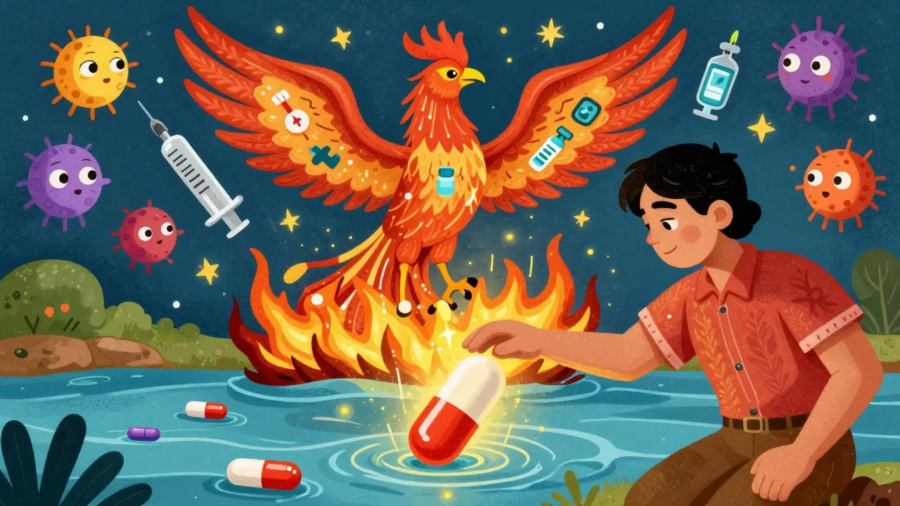 A person releasing a steroid pill into a golden river as a medical phoenix rises, representing safe tapering and recovery.