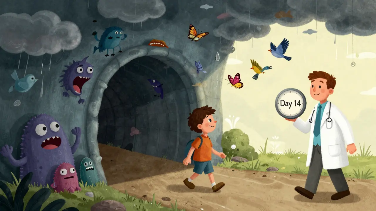 A person walking from a dark, chaotic tunnel entrance to a bright, peaceful exit, representing the 2-week tolerance window for medication side effects.