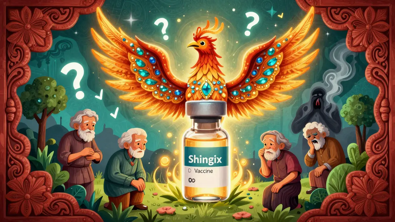 A radiant Shingrix vaccine phoenix protecting elderly people from fading shingles pain.